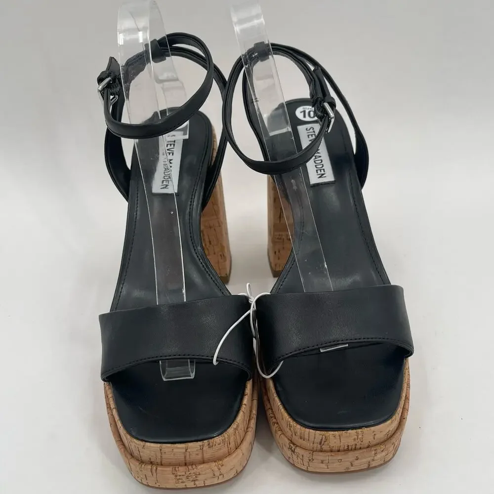 NEW STEVE MADDEN Warped Heels Size 10 Platform Leather Black Cork Y2K Inspired
